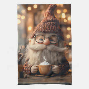Cozy Gnome Enjoying a Cup of Hot Cocoa Kitchen Towel