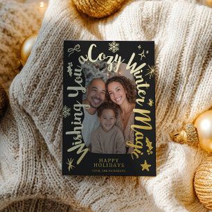 Cozy Gold Script Hand drawn Christmas Photo Foil Holiday Card