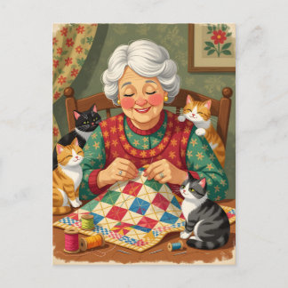 Cozy Granny Quilter with Cats Postcard