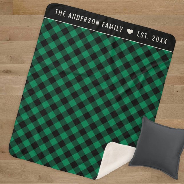 Cozy Green and Black Buffalo Plaid Family Monogram Sherpa Blanket (Creator Uploaded)