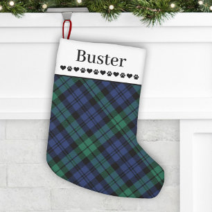 Cozy Green and Blue Tartan Plaid Pet Name Small Christmas Stocking