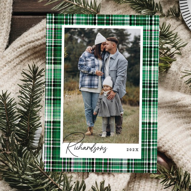 Cozy Green and White Plaid Flannel Family Photo Holiday Card (Cozy Green and White Plaid Flannel Family Photo Holiday Card)