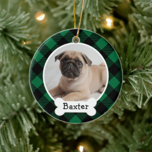 Cozy Green Buffalo Plaid Christmas Dog Photo Name Ceramic Ornament