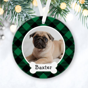 Cozy Green Buffalo Plaid Christmas Dog Photo Name Ornament