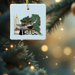 Cozy Green Whimsical Sleeping Dragon Book Lover Ceramic Ornament