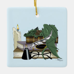 Cozy Green Whimsical Sleeping Dragon Book Lover Ceramic Ornament
