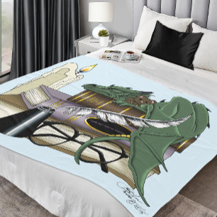Cozy Green Whimsical Sleeping Dragon Book Lover Fleece Blanket