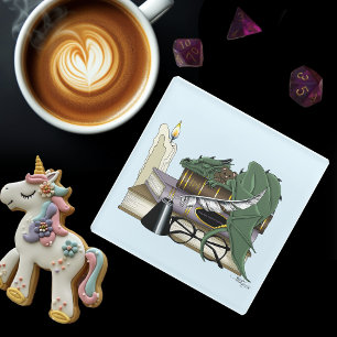 Cozy Green Whimsical Sleeping Dragon Book Lover Glass Coaster