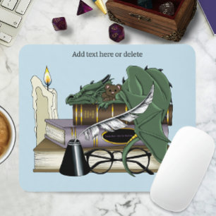 Cozy Green Whimsical Sleeping Dragon Book Lover Mouse Pad