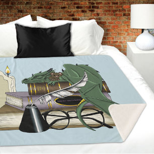 Cozy Green Whimsical Sleeping Dragon Book Lover Sherpa Blanket