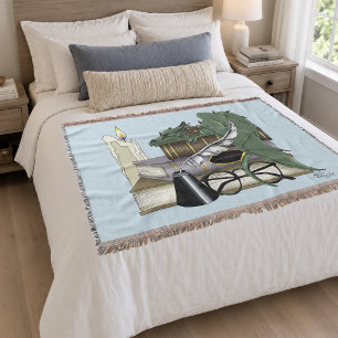 Cozy Green Whimsical Sleeping Dragon Book Lover Throw Blanket