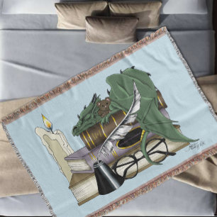 Cozy Green Whimsical Sleeping Dragon Book Lover Throw Blanket
