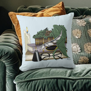 Cozy Green Whimsical Sleeping Dragon Book Lover Throw Pillow