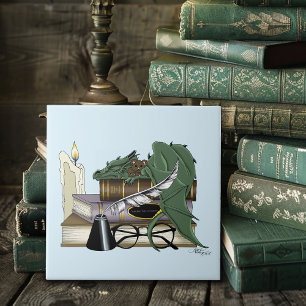 Cozy Green Whimsical Sleeping Dragon Book Lover Tile