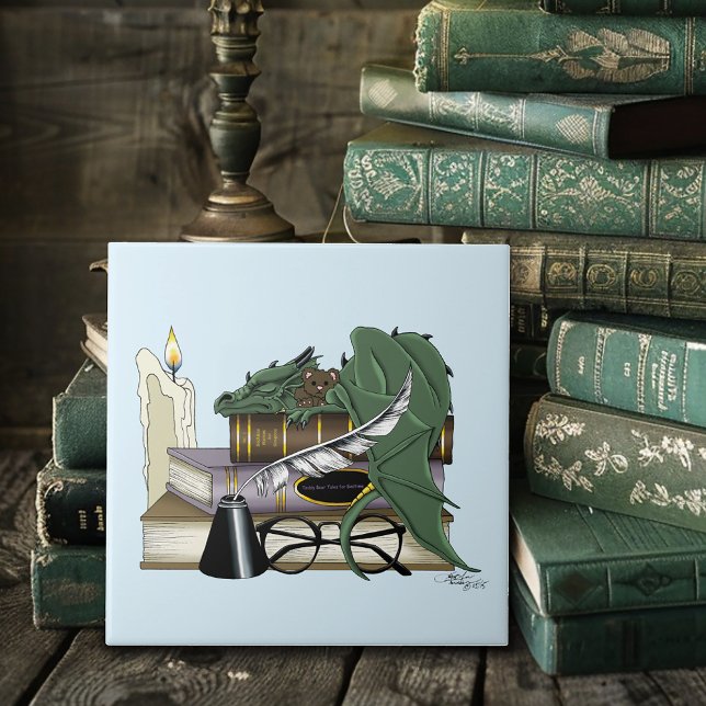 Cozy Green Whimsical Sleeping Dragon Book Lover Tile (Creator Uploaded)