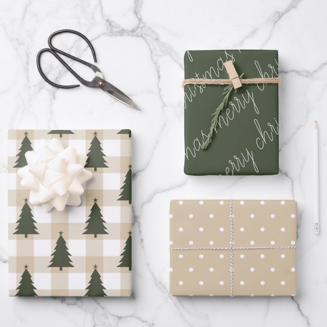 Cozy Green White Merry Christmas Holiday Wrapping Paper Sheet (Front)