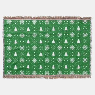 Cozy Green White Snowflakes Christmas Trees Design Throw Blanket