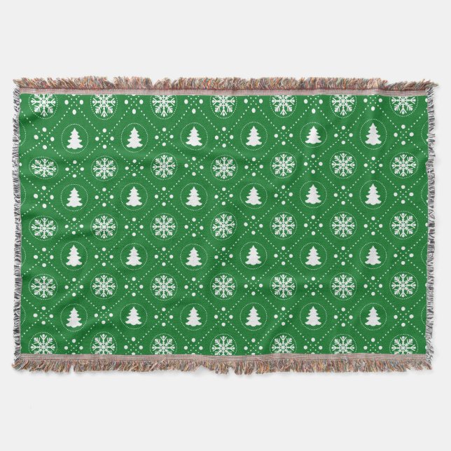 Cozy Green White Snowflakes Christmas Trees Design Throw Blanket (Front)