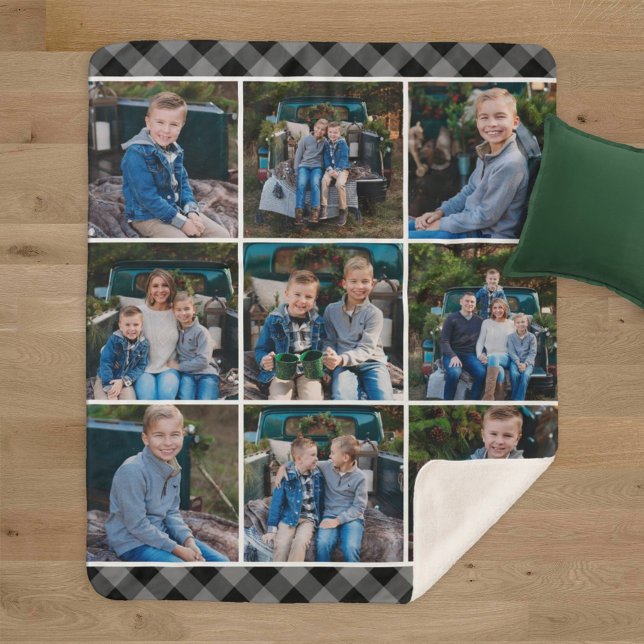Cozy Grey Buffalo Plaid Holiday Photo Collage Sherpa Blanket (Creator Uploaded)