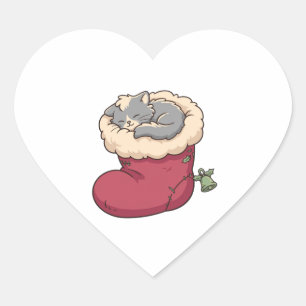 Cozy Grey Cat in Christmas Stocking Heart Sticker