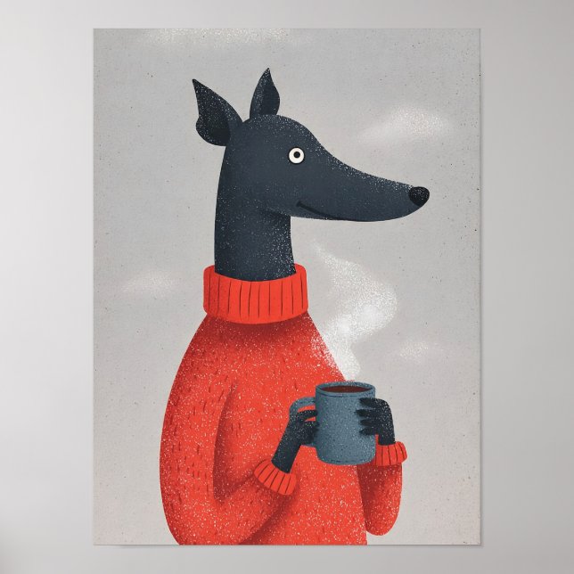 Cozy Greyhound Dog Poster–Anthropomorphic Pet Art Poster (Front)