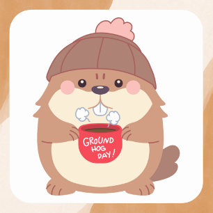 Cozy Groundhog Day Coffee Square Sticker