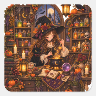 Cozy Halloween Apothecary Witch Square Sticker