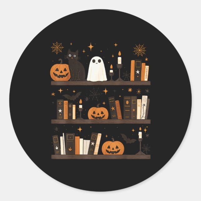 Cozy Halloween Bookshelf Ghost Pumpkin Bookish Boo Classic Round Sticker (Front)