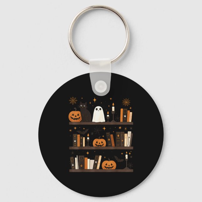 Cozy Halloween Bookshelf Ghost Pumpkin Bookish Boo Keychain (Front)