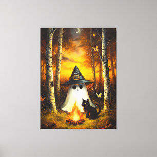 Cozy Halloween Ghost & Black Cat Campfire Art Canvas Print