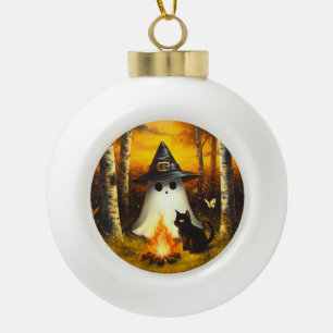 Cozy Halloween Ghost & Black Cat Campfire Art Ceramic Ball Christmas Ornament