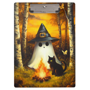 Cozy Halloween Ghost & Black Cat Campfire Art Clipboard
