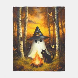 Cozy Halloween Ghost & Black Cat Campfire Art Fleece Blanket