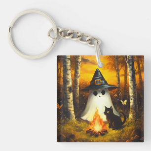 Cozy Halloween Ghost & Black Cat Campfire Art Keychain