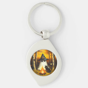 Cozy Halloween Ghost & Black Cat Campfire Art Keychain