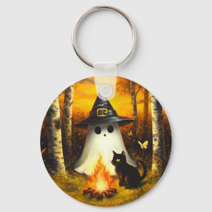 Cozy Halloween Ghost & Black Cat Campfire Art Keychain
