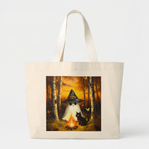 Cozy Halloween Ghost & Black Cat Campfire Art Large Tote Bag