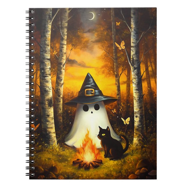 Cozy Halloween Ghost & Black Cat Campfire Art Notebook (Front)