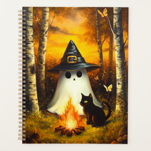 Cozy Halloween Ghost & Black Cat Campfire Art Planner