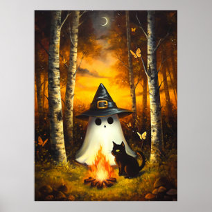Cozy Halloween Ghost & Black Cat Campfire Art Poster