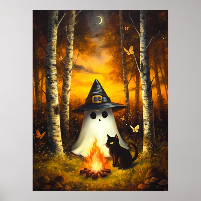 Cozy Halloween Ghost & Black Cat Campfire Art Poster (Front)