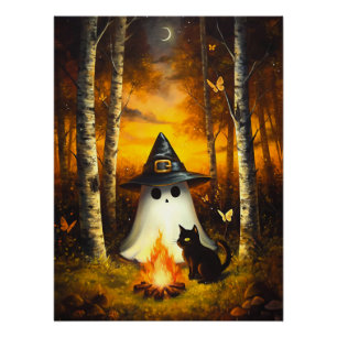 Cozy Halloween Ghost & Black Cat Campfire Art Poster