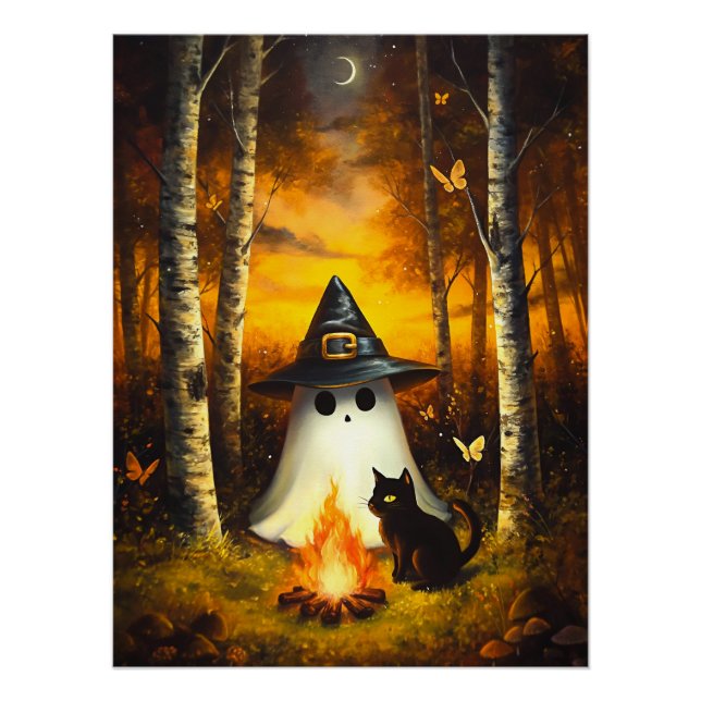 Cozy Halloween Ghost & Black Cat Campfire Art Poster (Front)