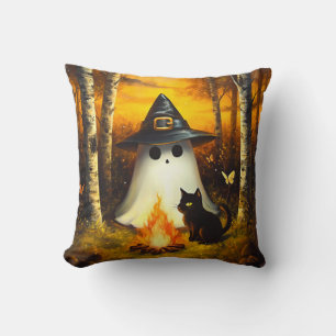 Cozy Halloween Ghost & Black Cat Campfire Art Throw Pillow