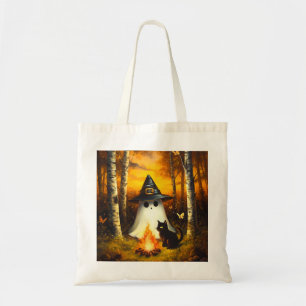Cozy Halloween Ghost & Black Cat Campfire Art Tote Bag