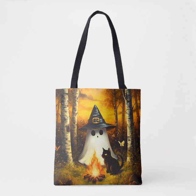 Cozy Halloween Ghost & Black Cat Campfire Art Tote Bag (Front)