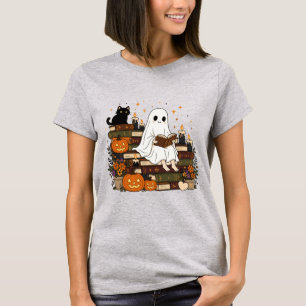 Cozy Halloween Ghost Bookworm Aesthetic T-Shirt