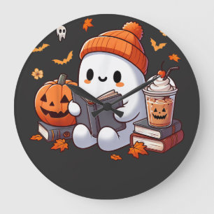 Cozy Halloween Ghost with Autumn Treats Large Clock