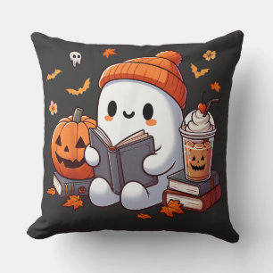 Cozy Halloween Ghost with Autumn Treats Throw Pillow