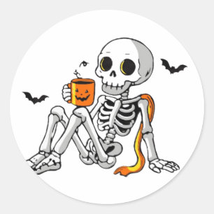 Cozy Halloween Skeleton with Coffee & Bats Mug / S Classic Round Sticker